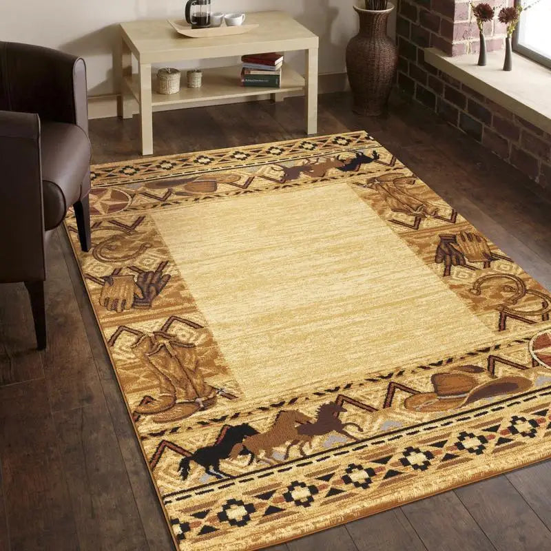 5'3"x7'3" Beige Brown Border Ranch Horses