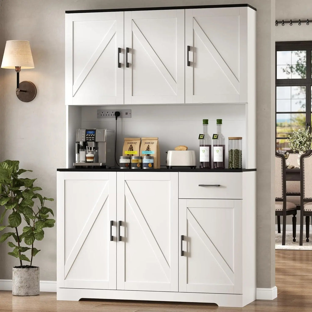 71" Kitchen Pantry Cabinet, Charging Station, Microwave Shelf
