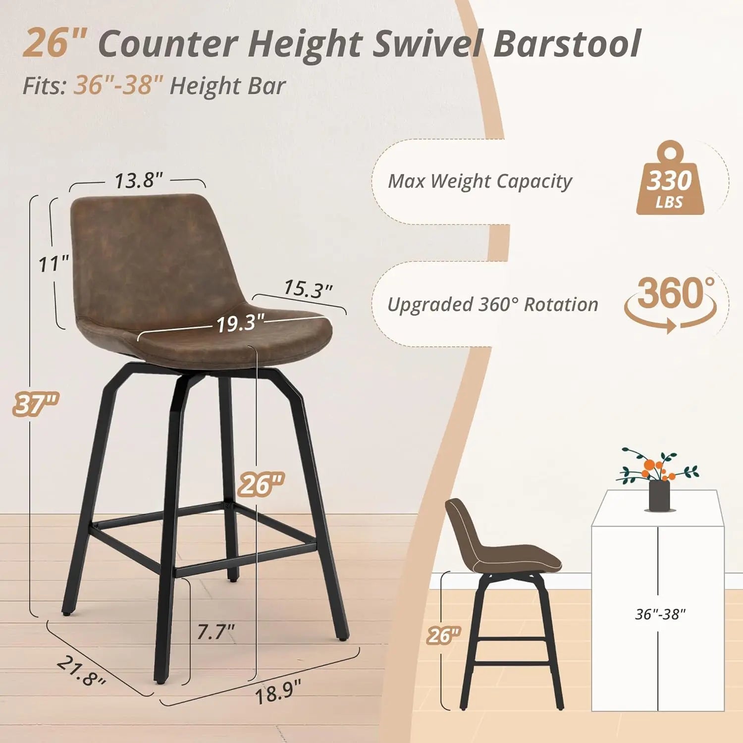 3 360° Swivel Bar Stools 26 Inch Counter Height