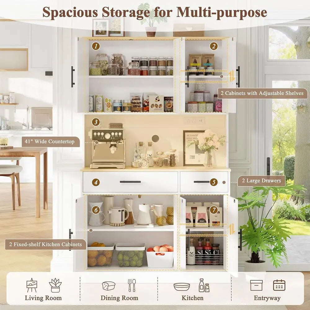 White Tall Pantry Cabinet W/Charging Station