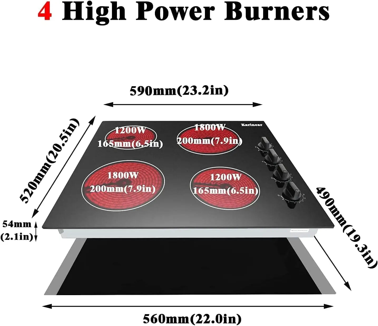 4 Burner Electric Cooktop, 24 Inch Built-in, 220-240v, 6000W,