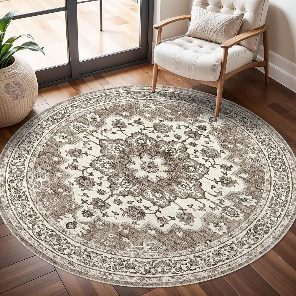 6' Circle Washable Oriental Floral Waterproof