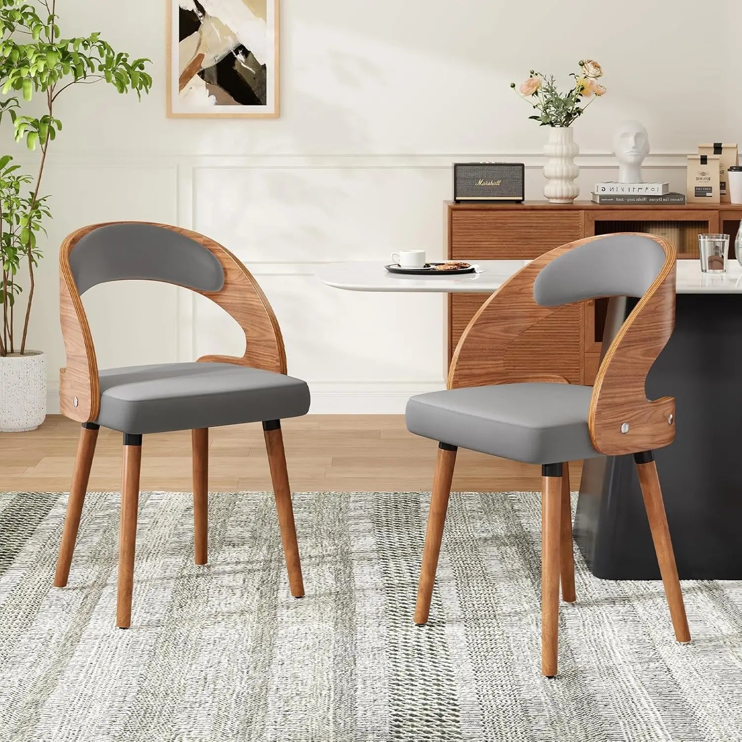 2 Wood Modern Upholstered Curved Backrest