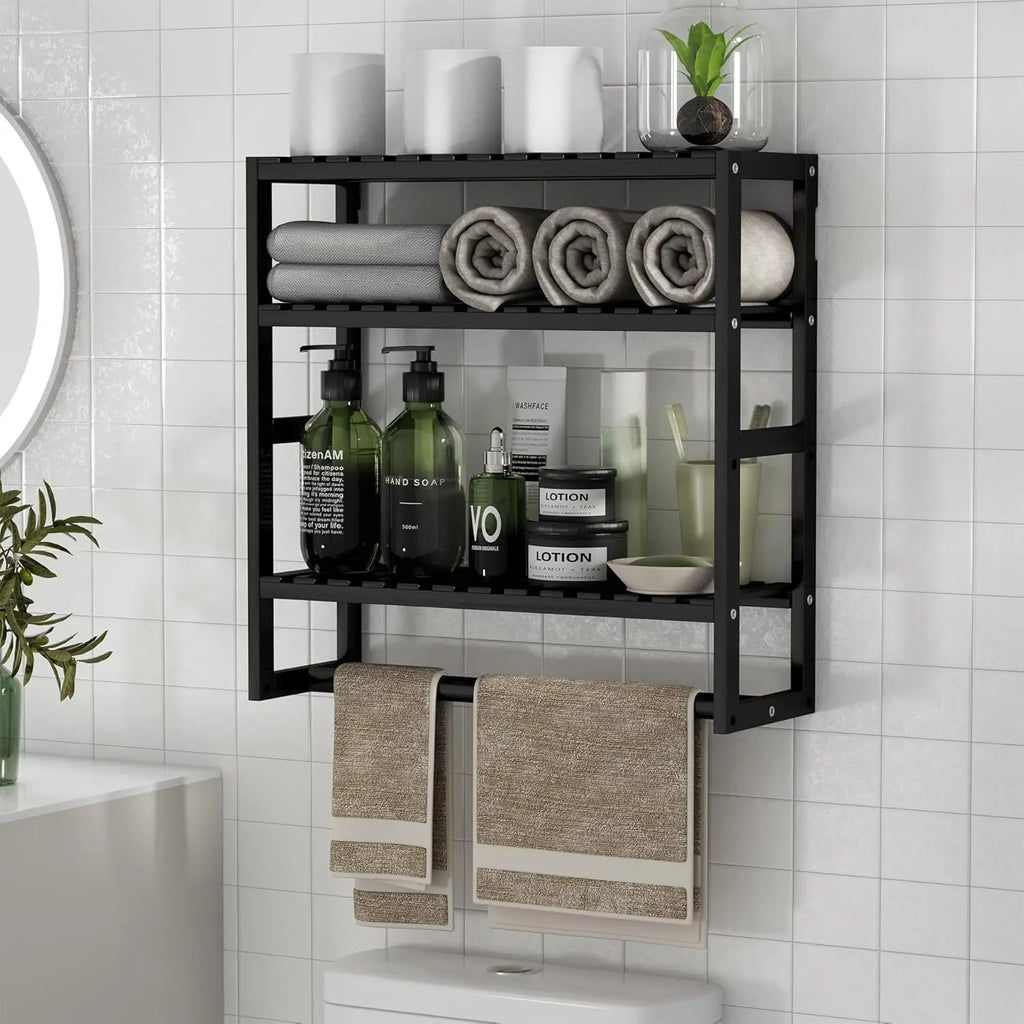 Bamboo Towel Rack w/Adjustable Shelf