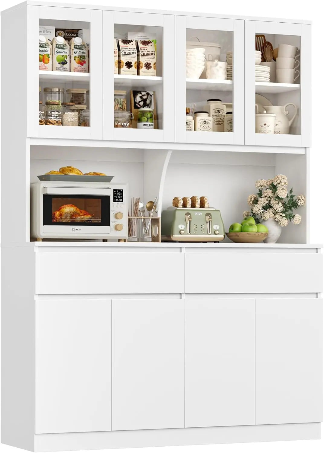 75" x 55" Kitchen Pantry Cabinet, Glass Doors, Drawers
