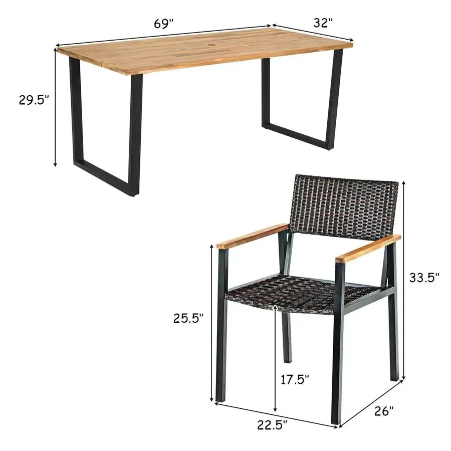 7 Outdoor Patio Rectangle Acacia Wood Rattan Chairs