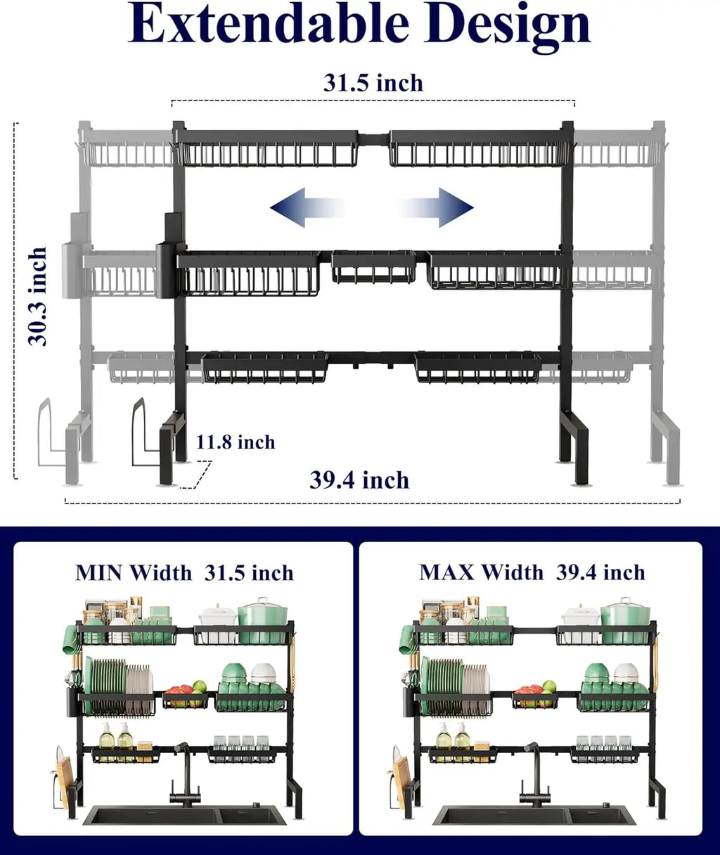 Adjustable Over-Sink Dish Rack with 3 Tiers