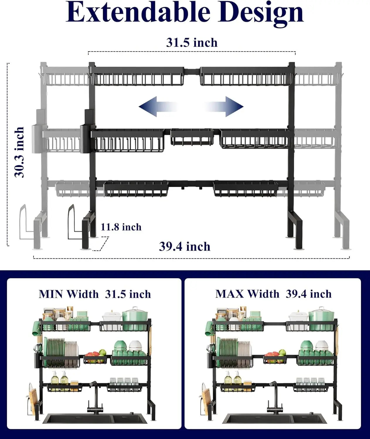 Adjustable Over-Sink Dish Rack with 3 Tiers