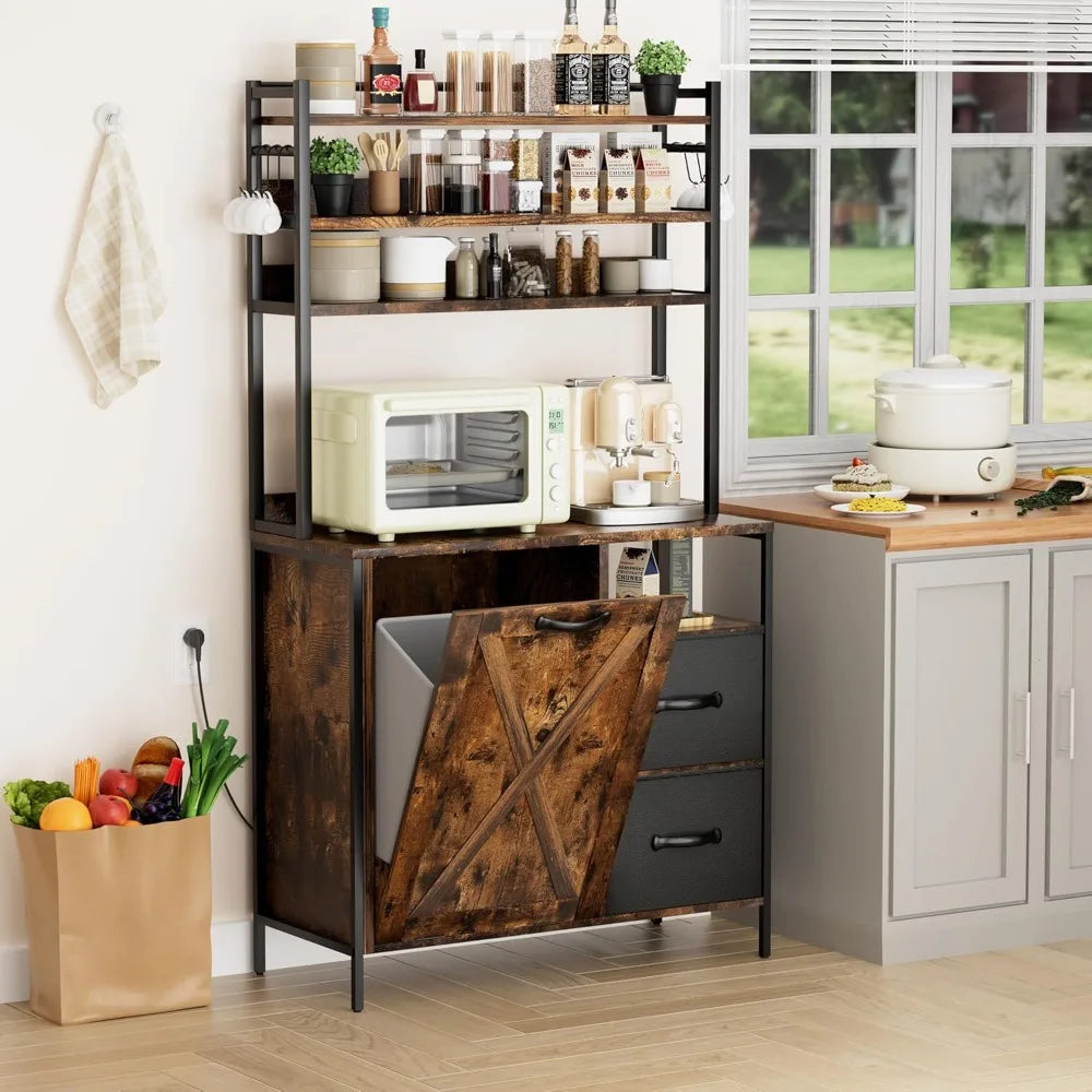 Bakers Rack W/Tilt-Out Trash/ Coffee Bar/MW Stand, Outlet