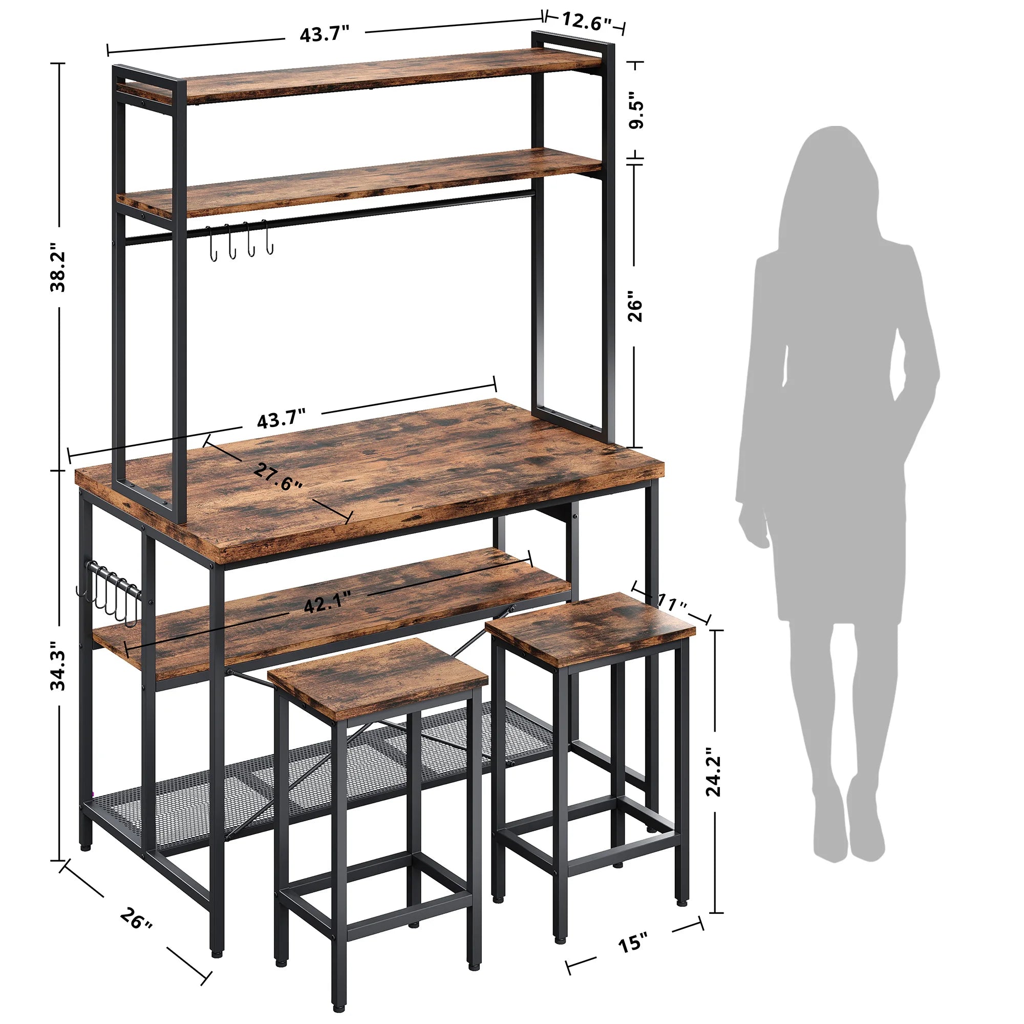 Island w/Stools, Bakers Rack w/Storage Power Outlet
