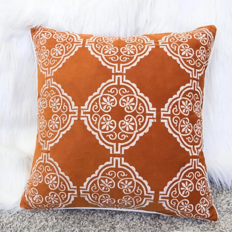 Burnt Orange Damask Embroidered Pillow