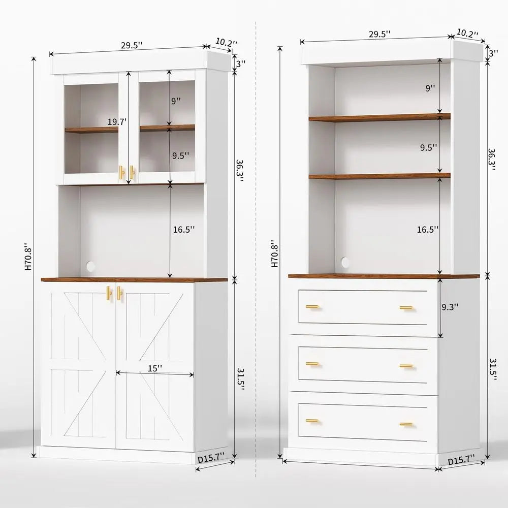 Pantry Cabinet Set of 3, 71" Tall Glass Door Cabinet