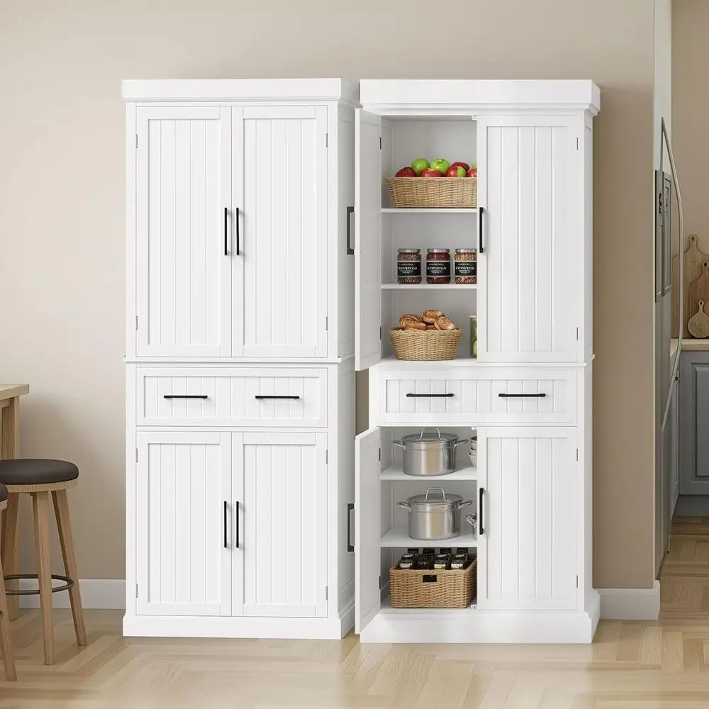 72.5" T White Pantry Cabinet 4 Doors & 2 Adjustable Shelves
