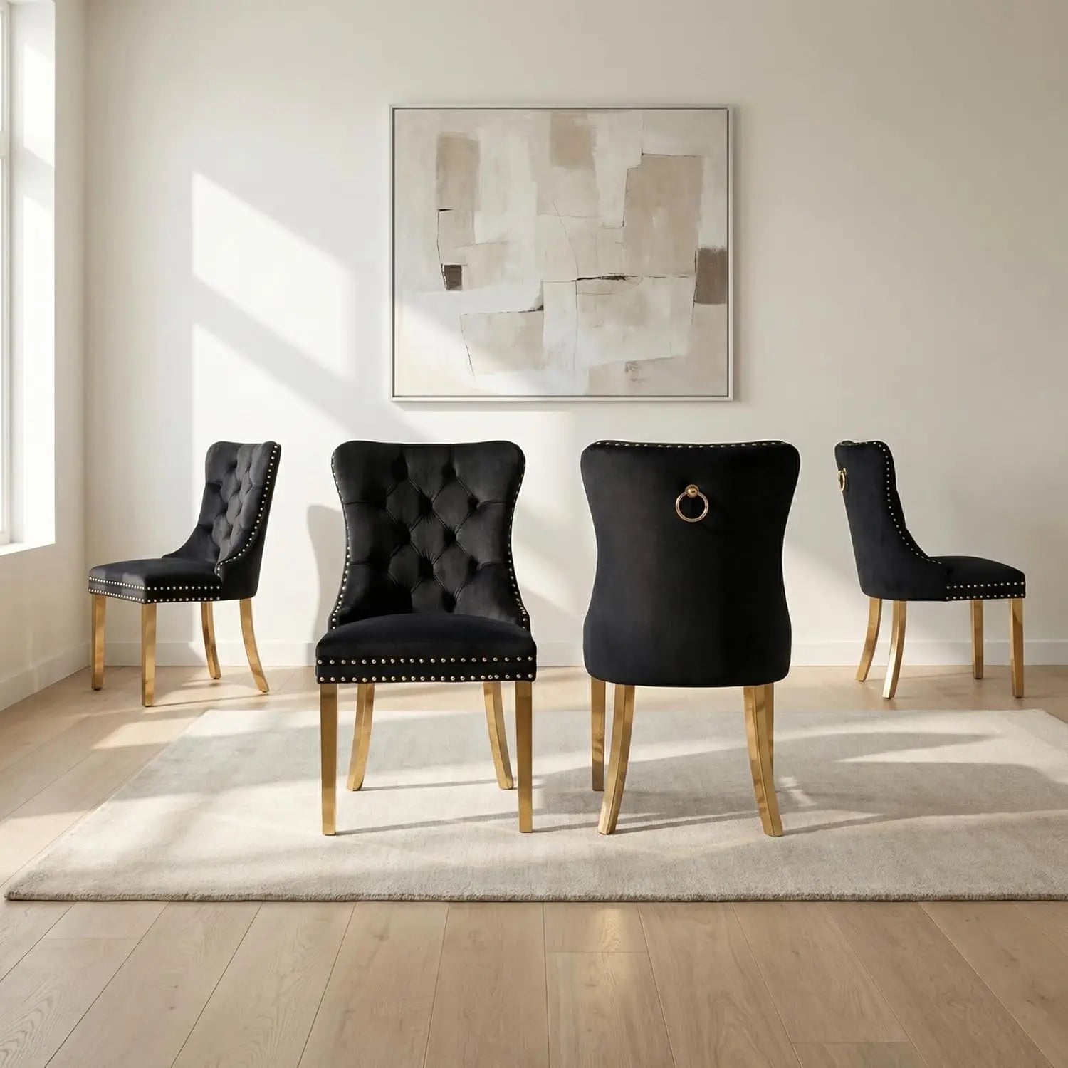 4 Modern Tufted Upholstered Beige Velvet