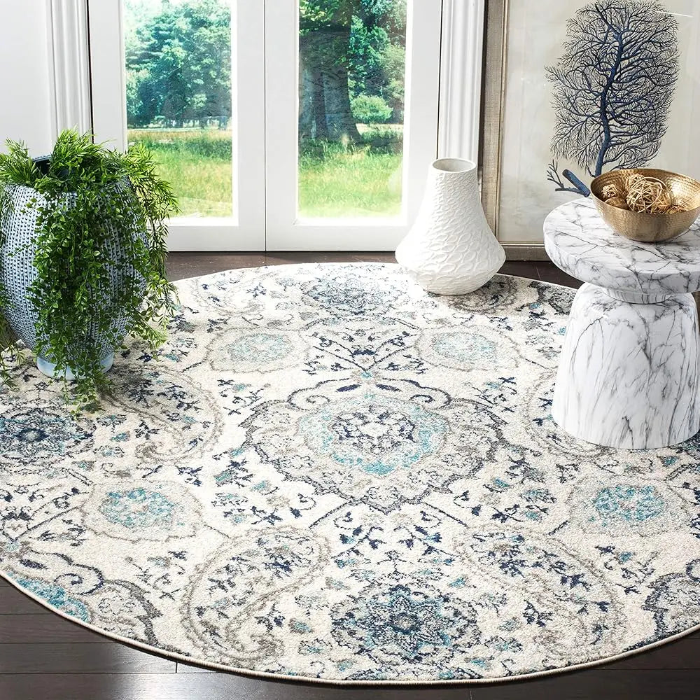 6'7" Round, Cream Light Grey Boho