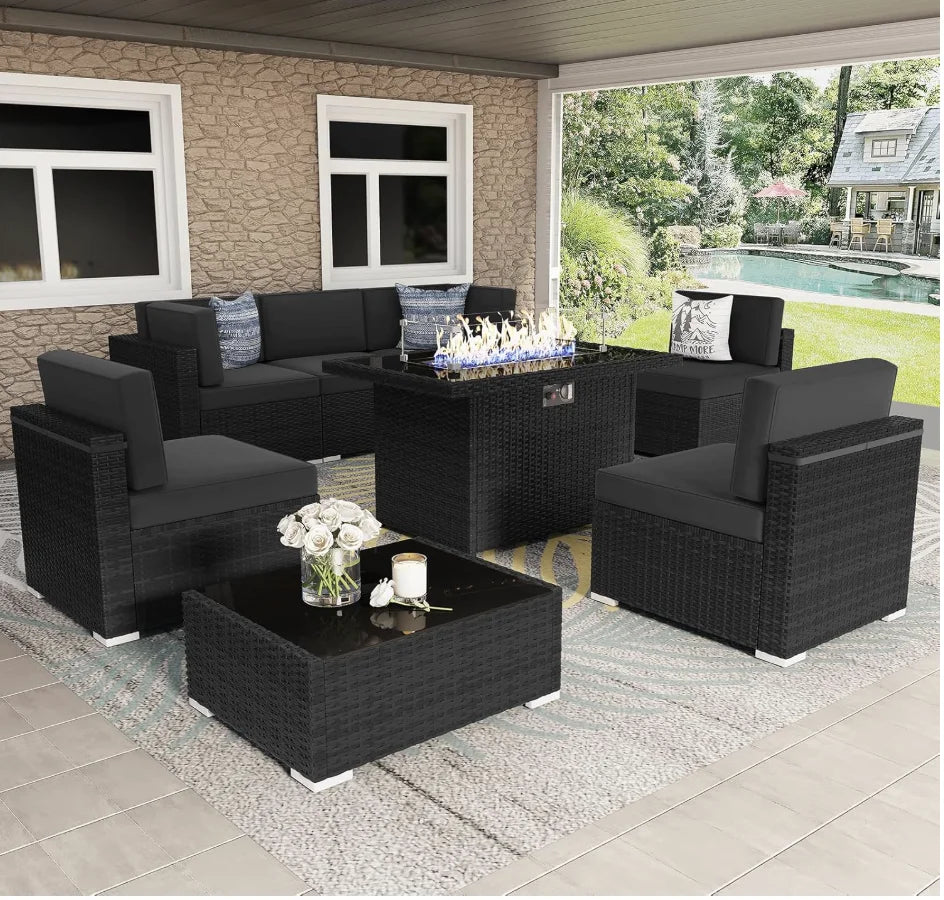 8-Piece Whicker Patio Set W/Fire Pit