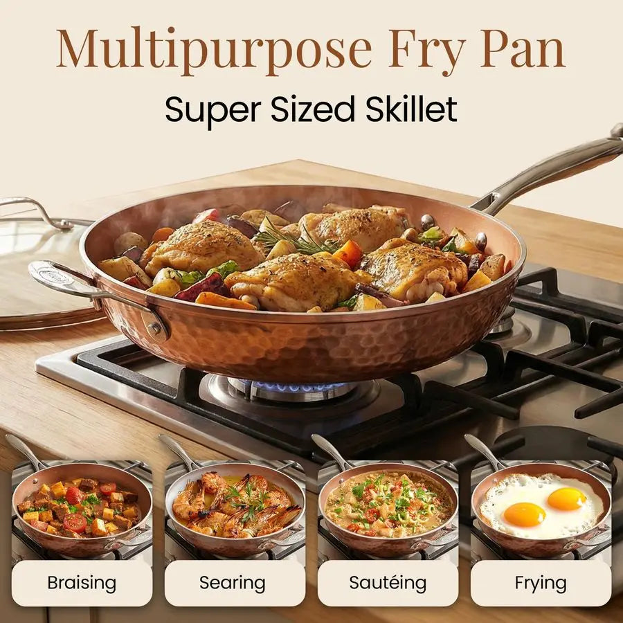 Hammered Copper 14" Non-Stick Frying Pan W/Lid