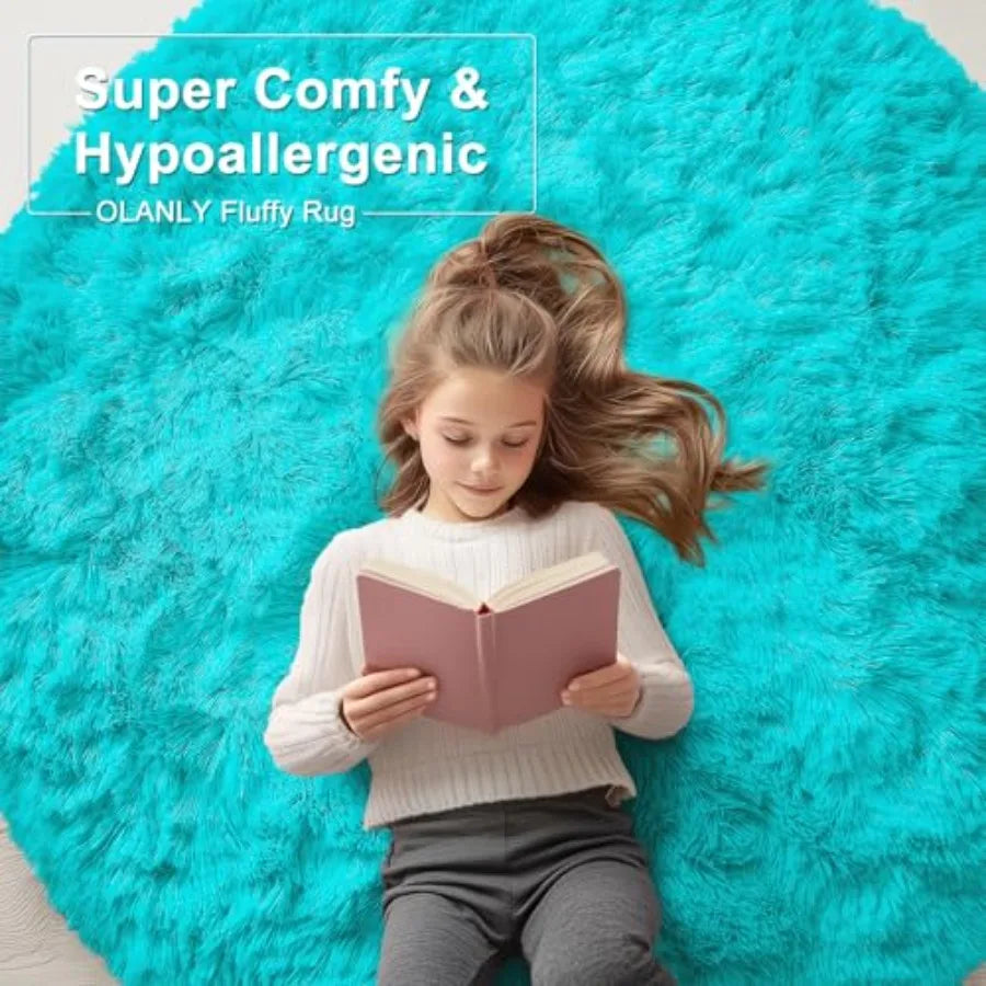 8' Teal Blue Circle Shaggy Washable