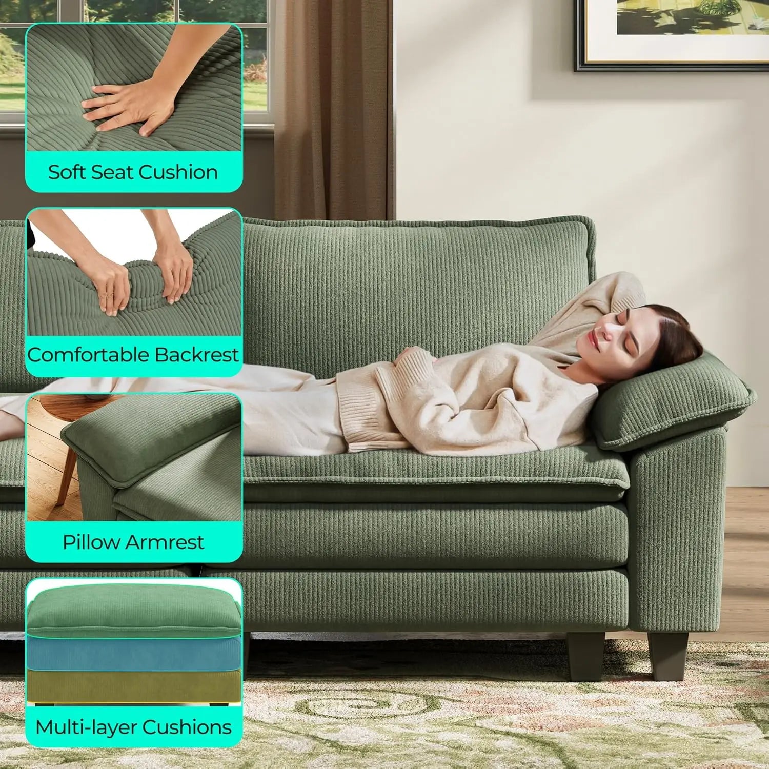 123'' Modular Sectional Green Corduroy