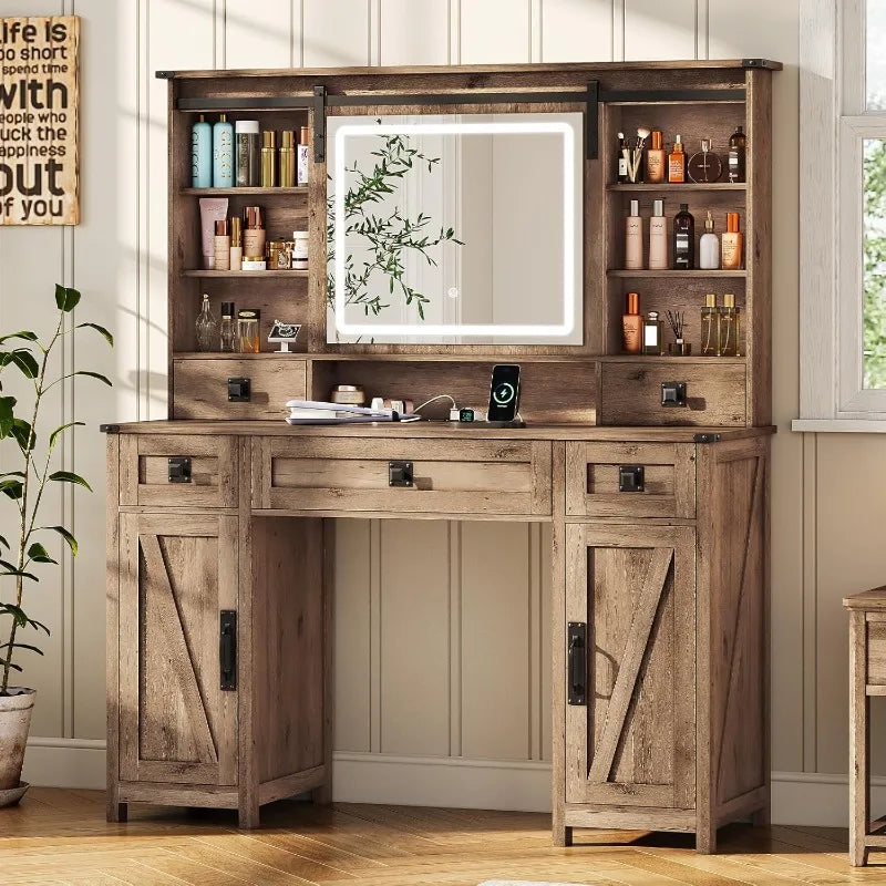 Farmhouse Vanity Desk with Light and mirror