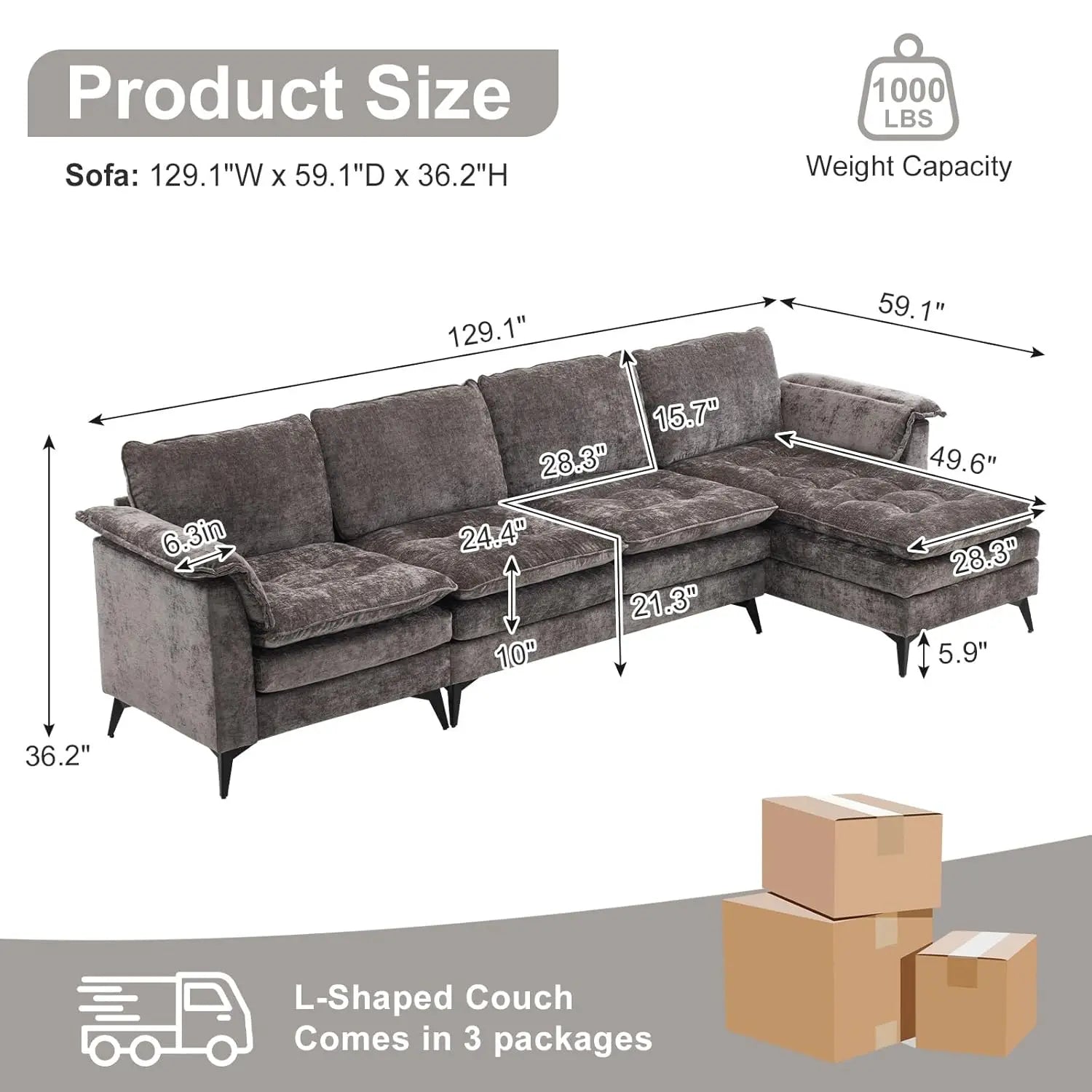 129'' Reversible Sectional L-Shaped Sofa