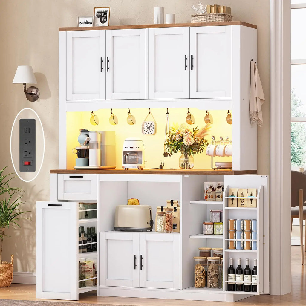 47.2X71" Pantry Cabinet W/Charging Station/LED Light/Microwave Stand,