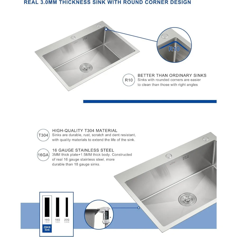 28 Inch Drop Single Bowl Stainless Topmount