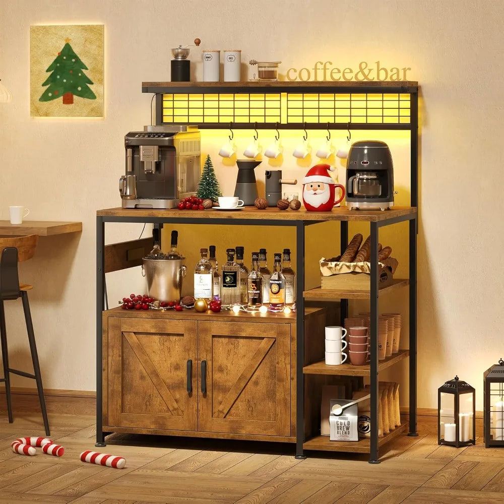 Bakers Rack W/Outlet/MW Stand/Cabinet/Coffee Bar