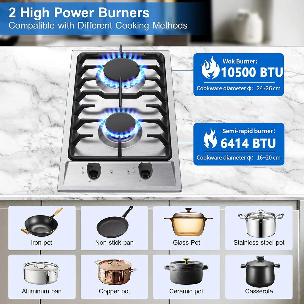 2-Burners 12" Stainless Gas Cooktop
