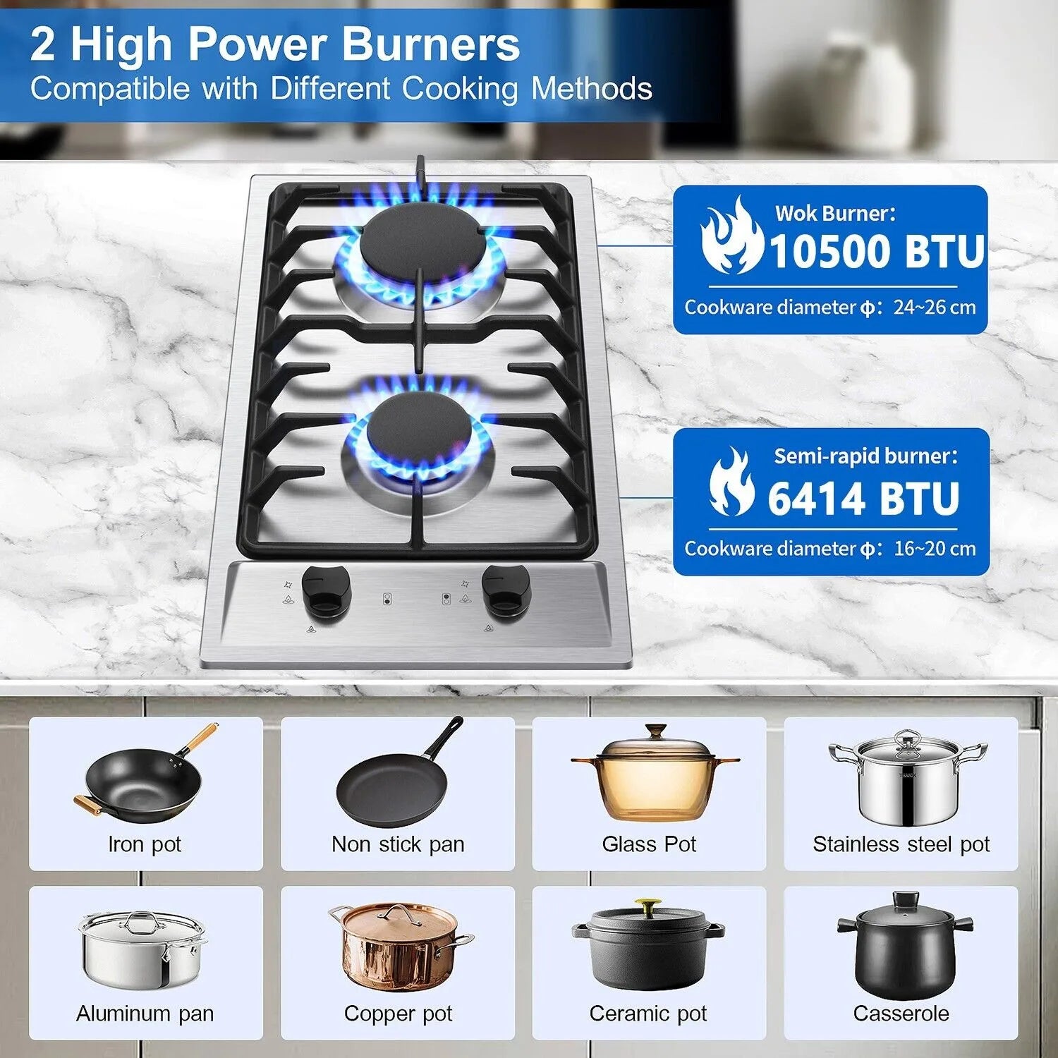 2-Burners 12" Stainless Gas Cooktop