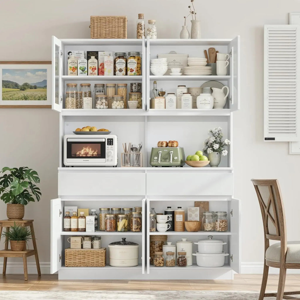 75" x 55" Kitchen Pantry Cabinet, Glass Doors, Drawers