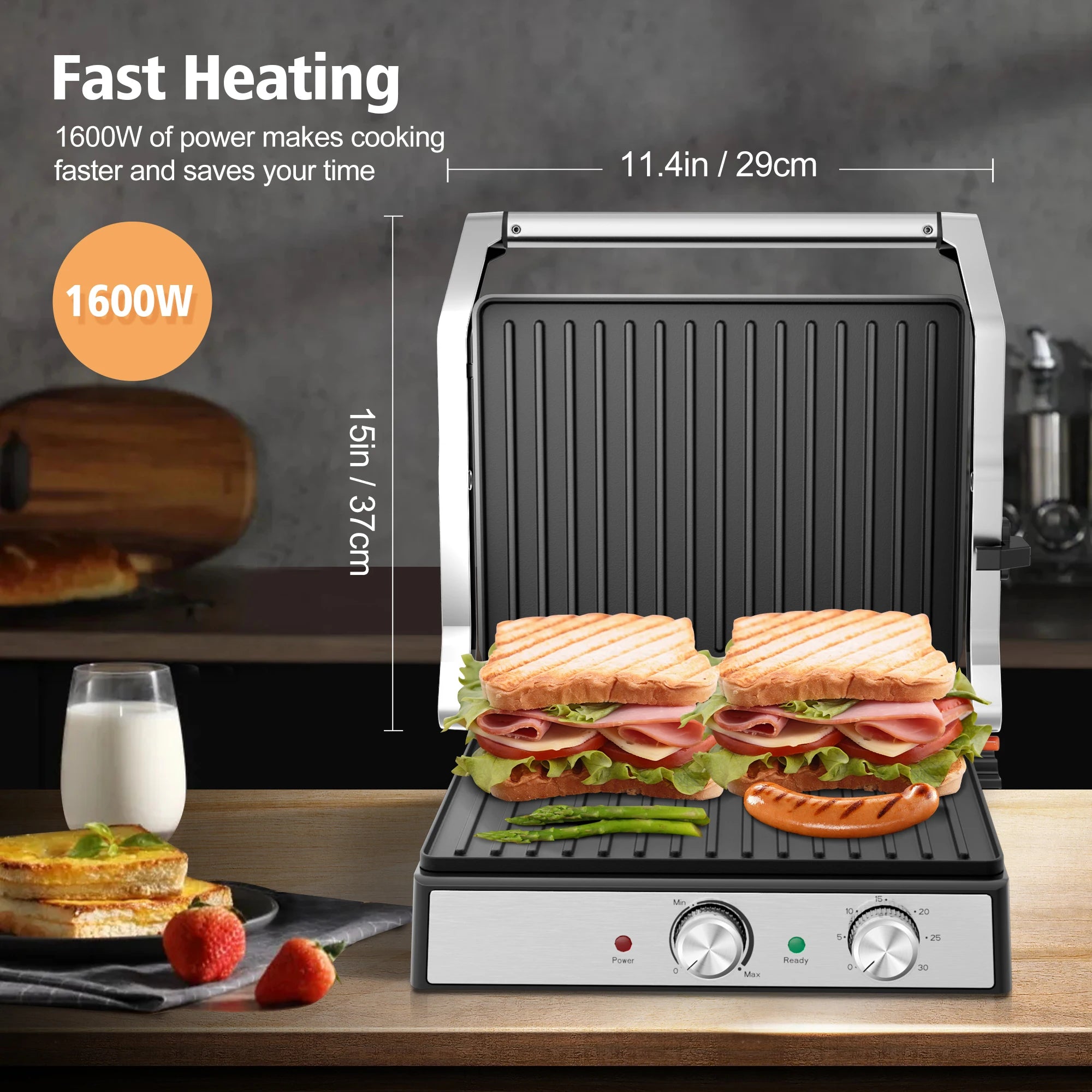 1600W 4-Slice Panini Press W/Timer Adjustable Temp