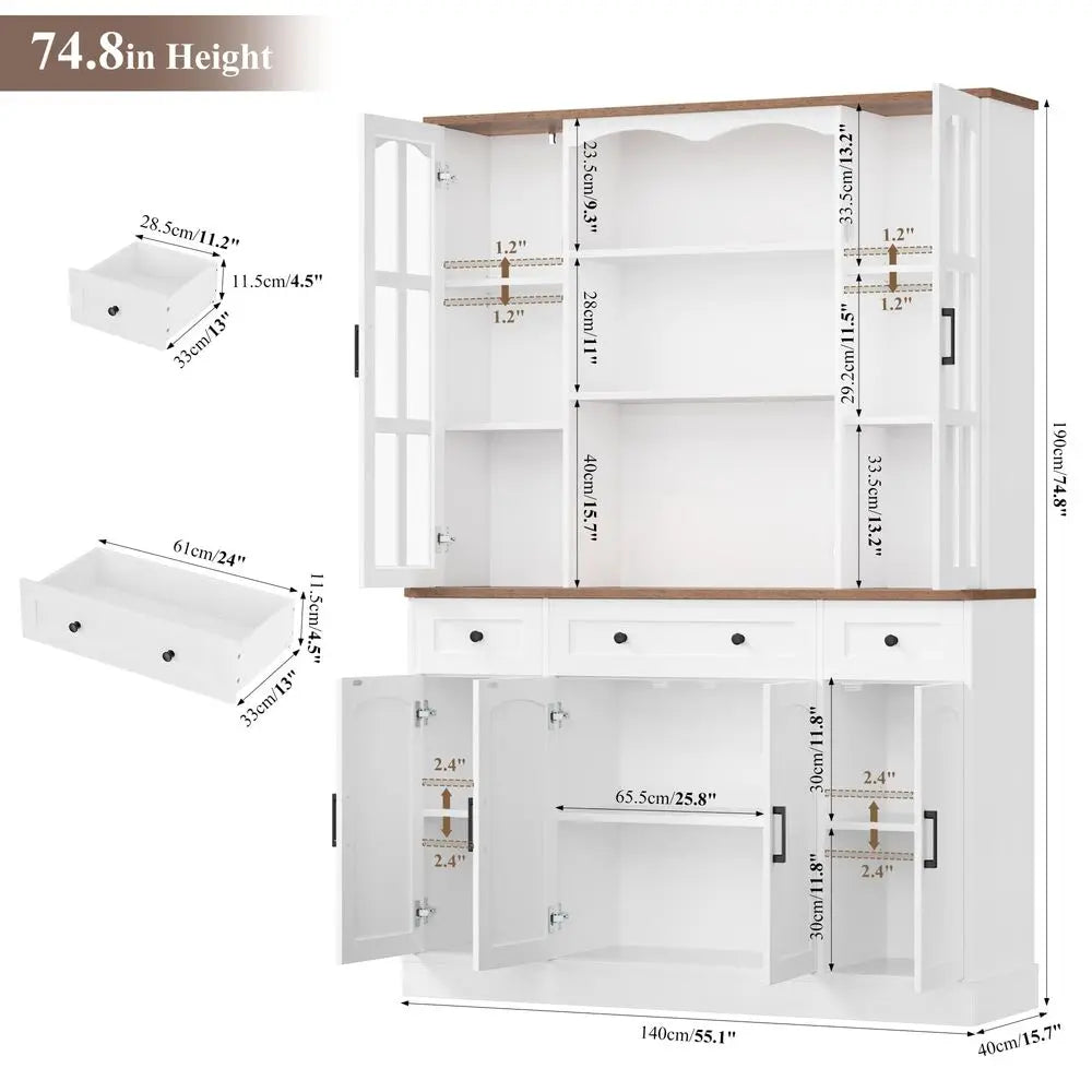 74.8 H Tall Pantry Cabinet, MW Stand, 3 Drawers, Large Hutch