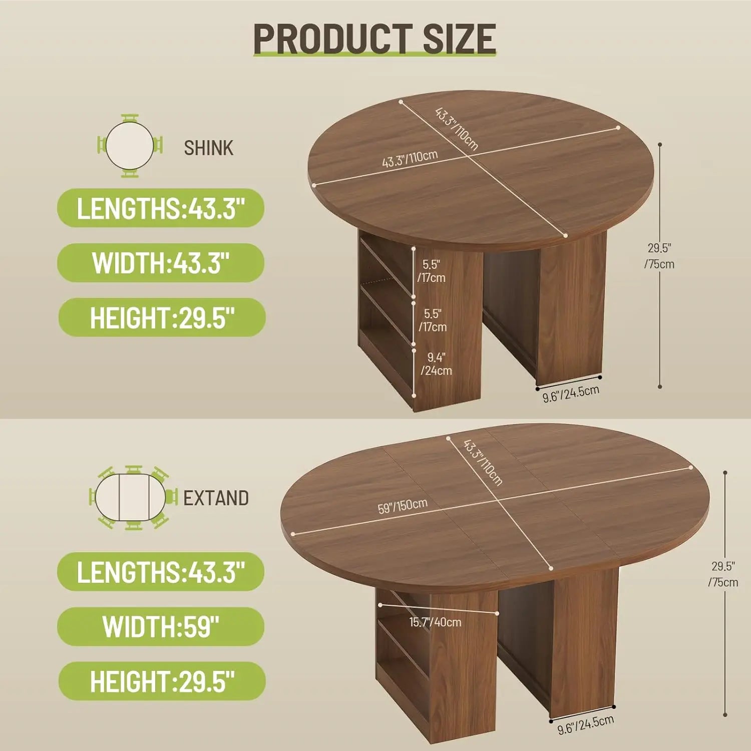 43-59" Extendable Round w/3-Tier Storage For4-8