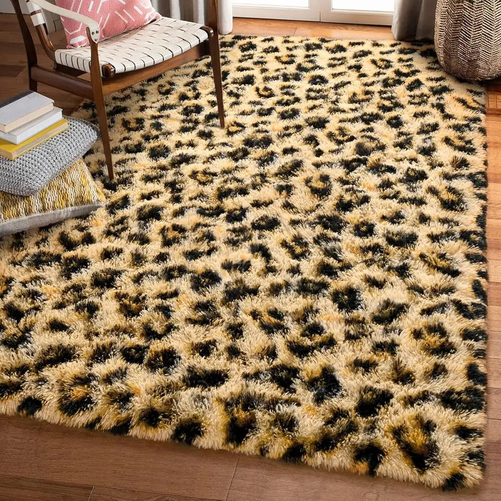 5x8 Khaki Fluffy Leopard Cheetah