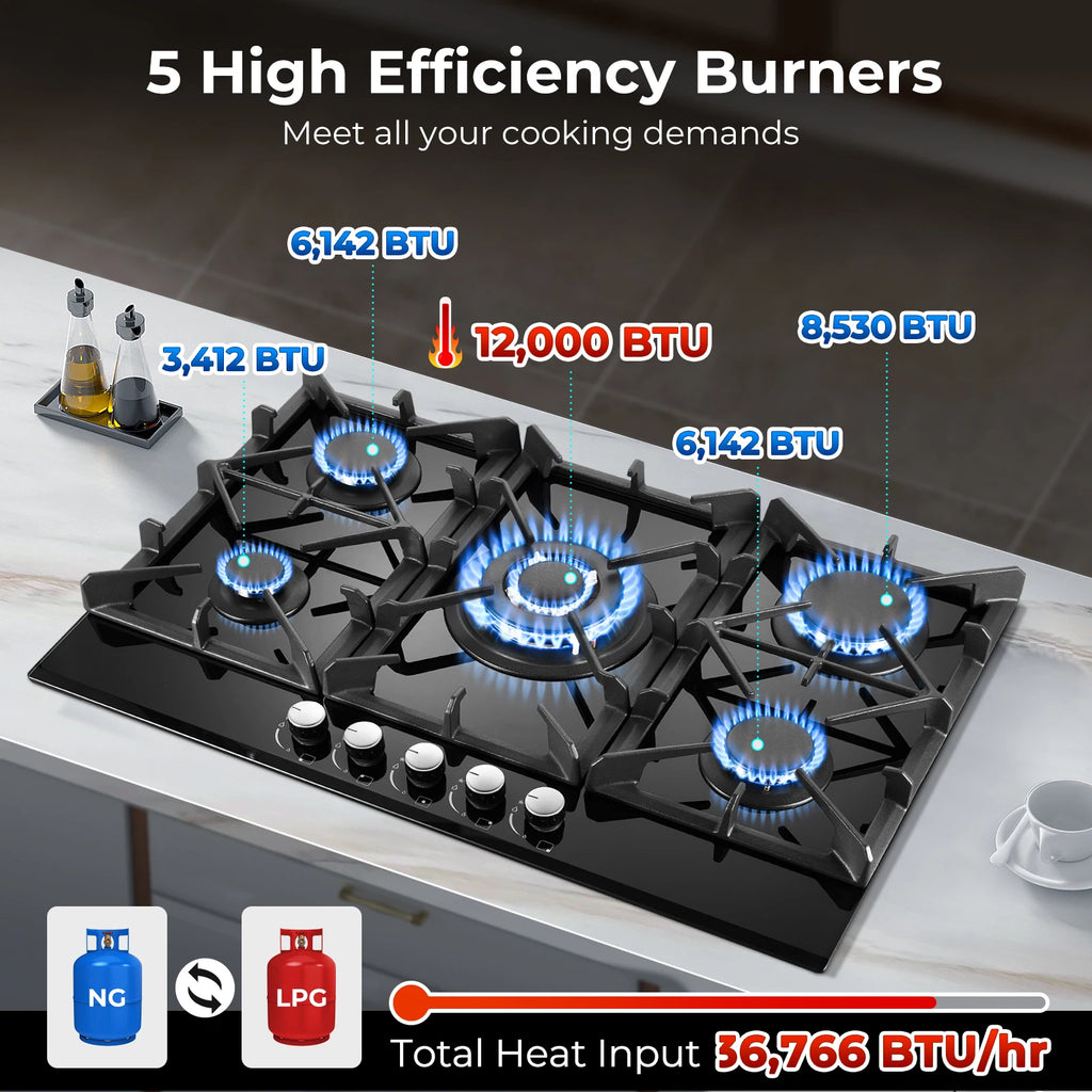 30" 5 Burner Stove Top Built-in NG/LPG Convertible