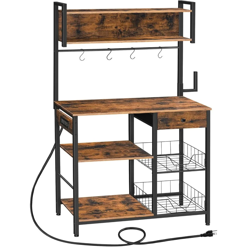 Bakers Rack W/4 Outlets/5-Tier Coffee Bar/MW Stand