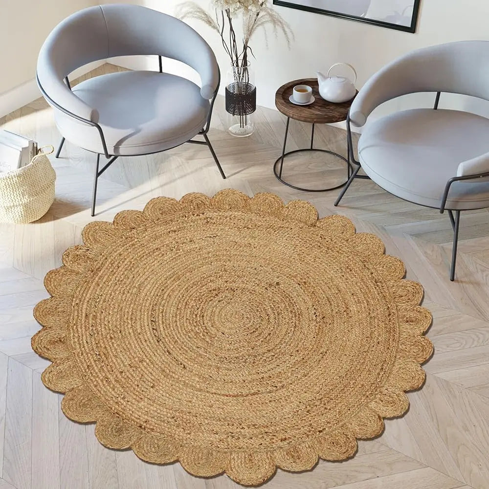 4' Circle Jute Braided Scalloped Reversible