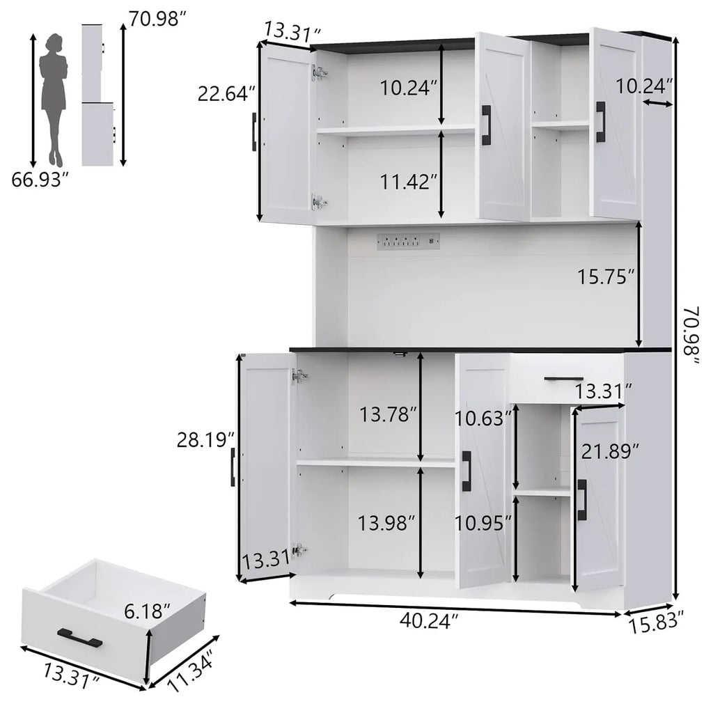 71" Kitchen Pantry Cabinet, Charging Station, Microwave Shelf