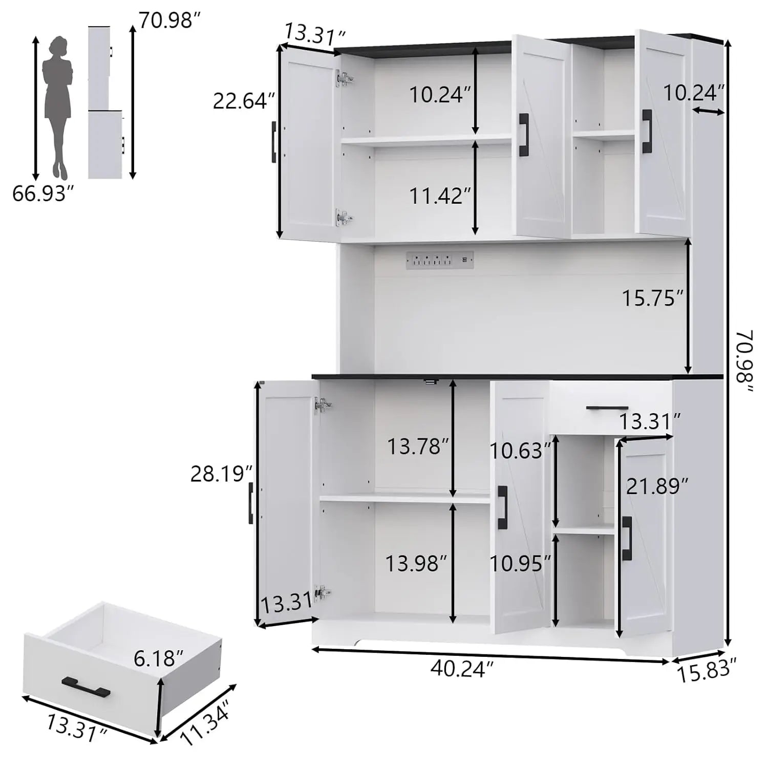 71" Kitchen Pantry Cabinet, Charging Station, Microwave Shelf
