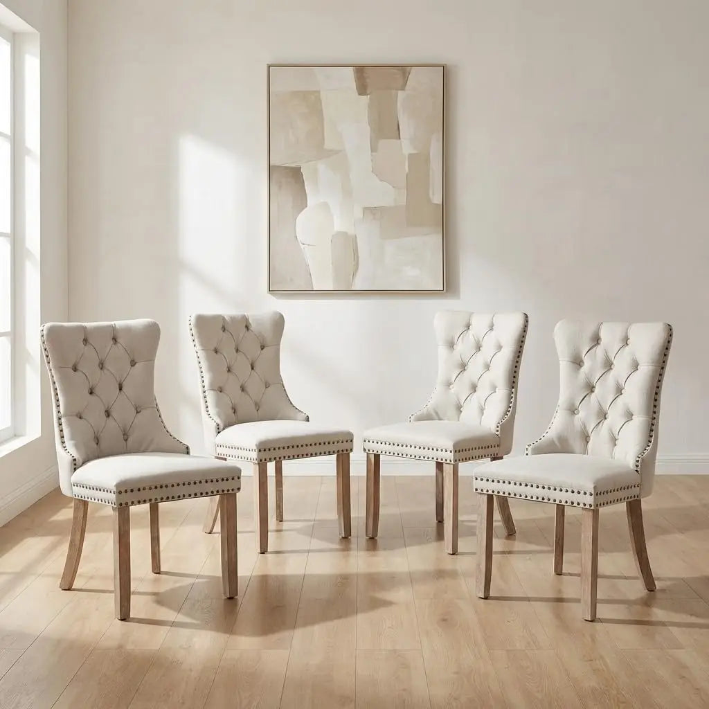 4 Modern Tufted Upholstered Beige Velvet