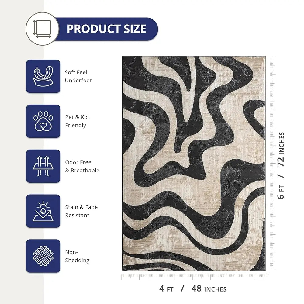 4x6 Beige/Black Swirl Modern Abstract