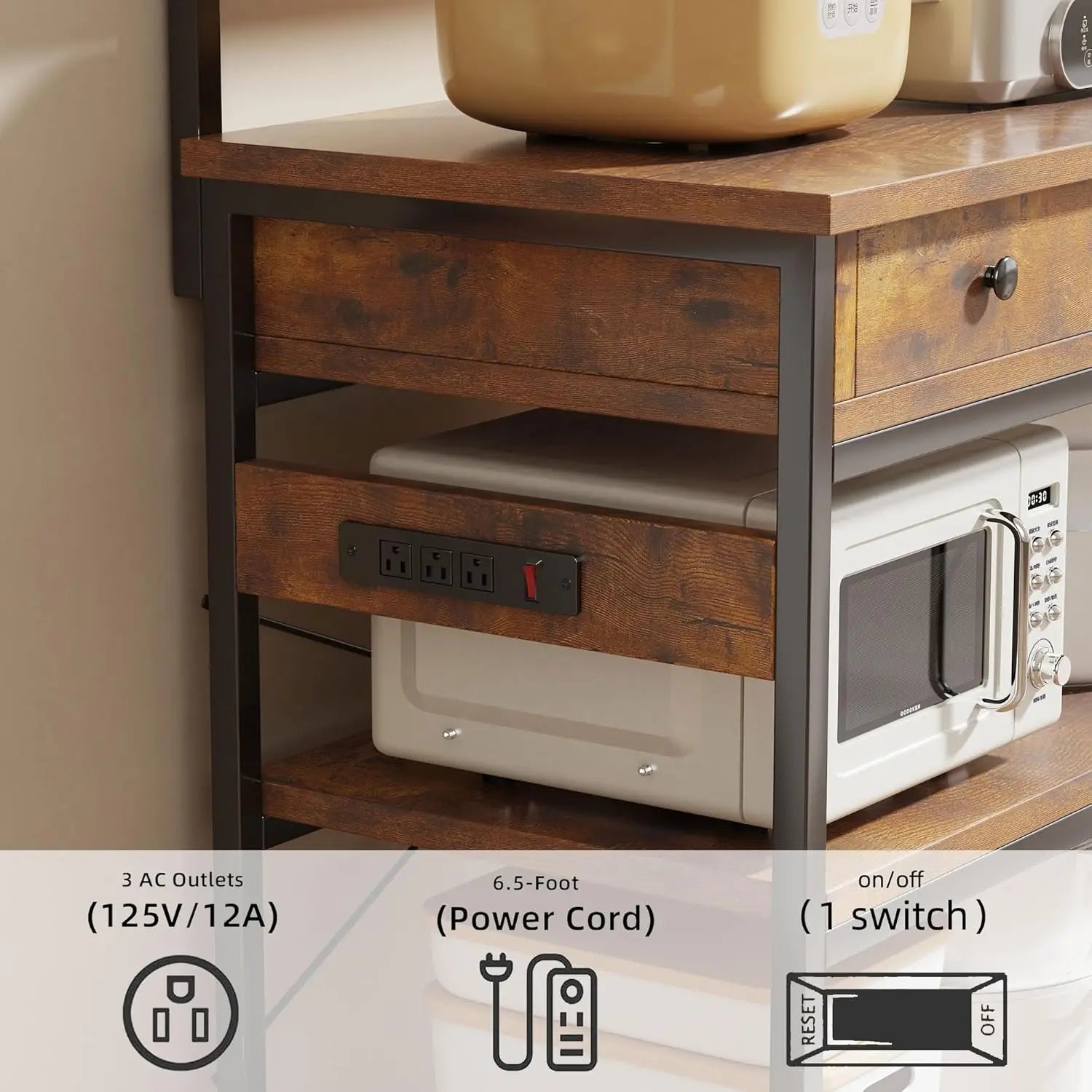 Bakers Rack W/Outlets/5-Tier/MW Stand/2 Drawer/Coffee Bar