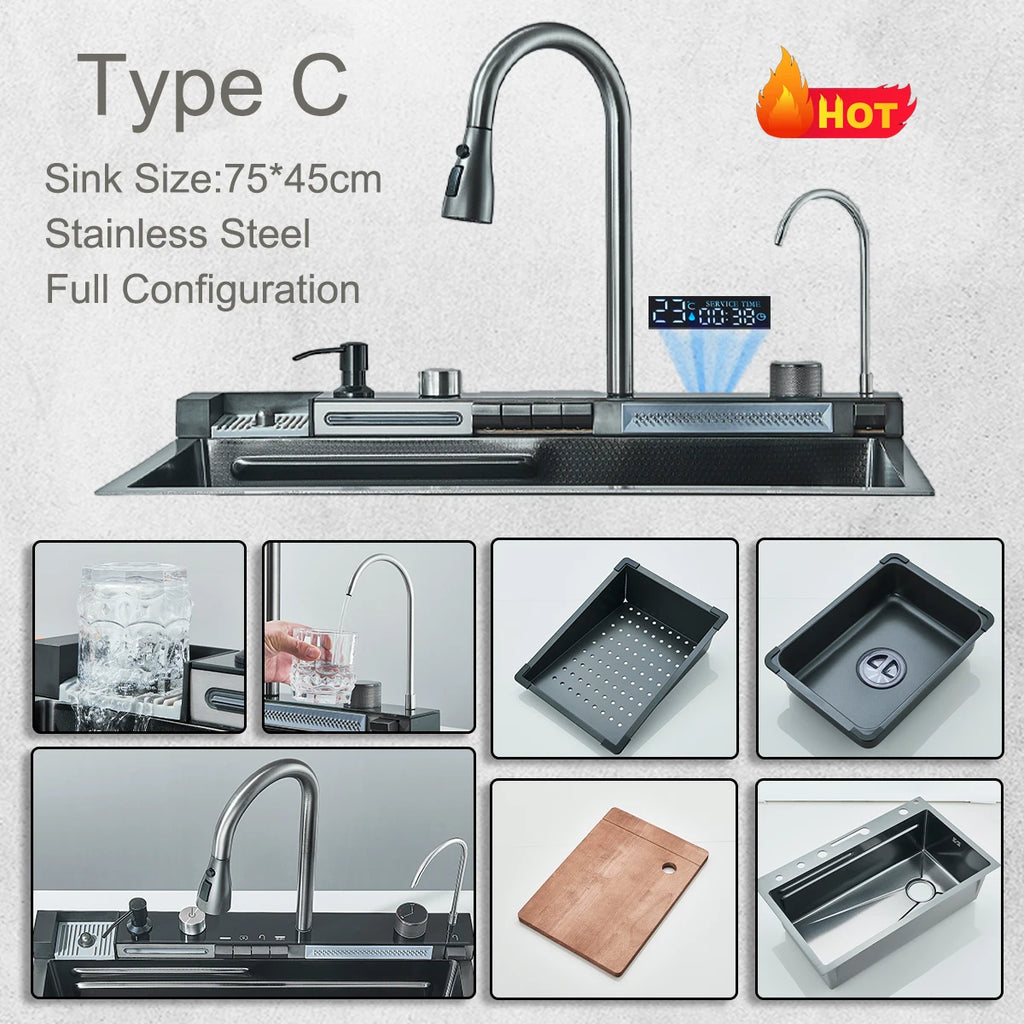 White Stainless Waterfall Digital Display Faucet