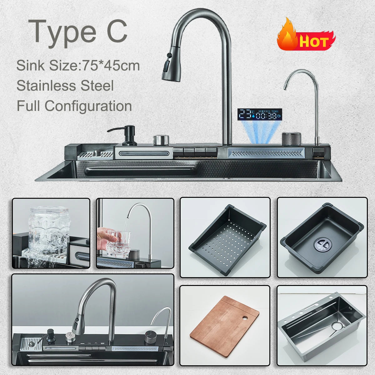 White Stainless Waterfall Digital Display Faucet