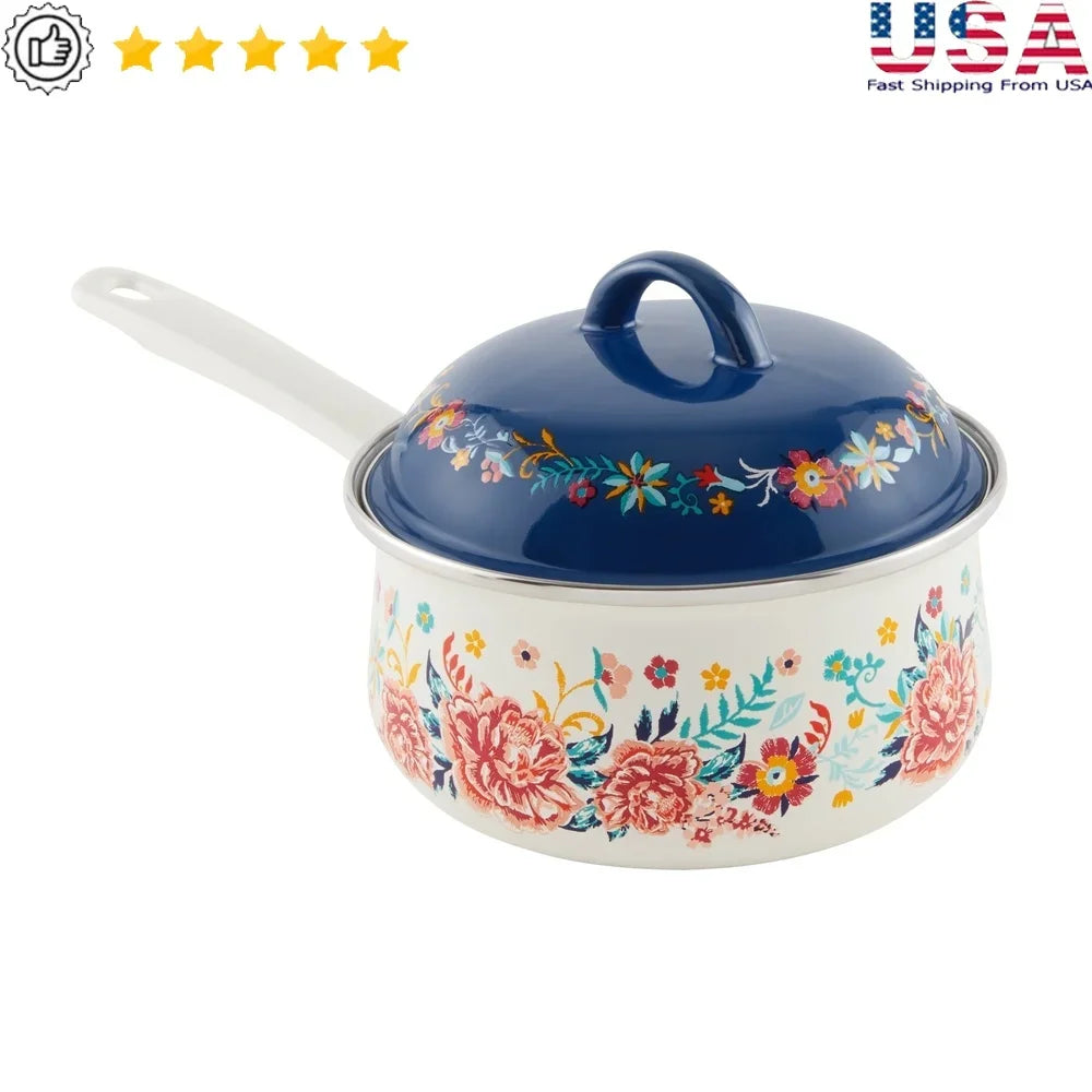 Floral Enamel-on-Steel Saucepan 2QT