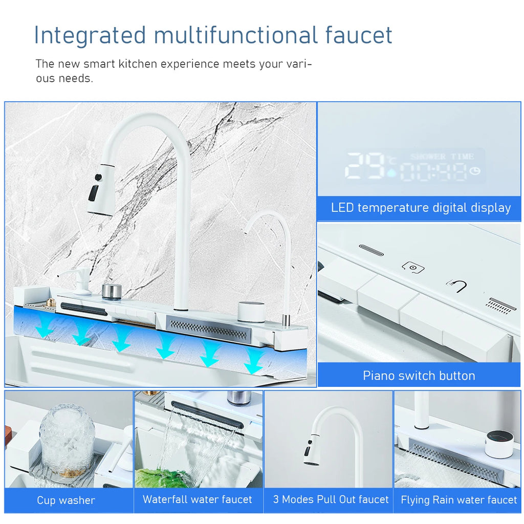 White Stainless Waterfall Digital Display Faucet