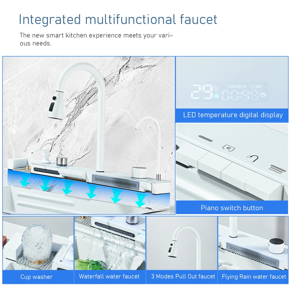 White Stainless Waterfall Digital Display Faucet