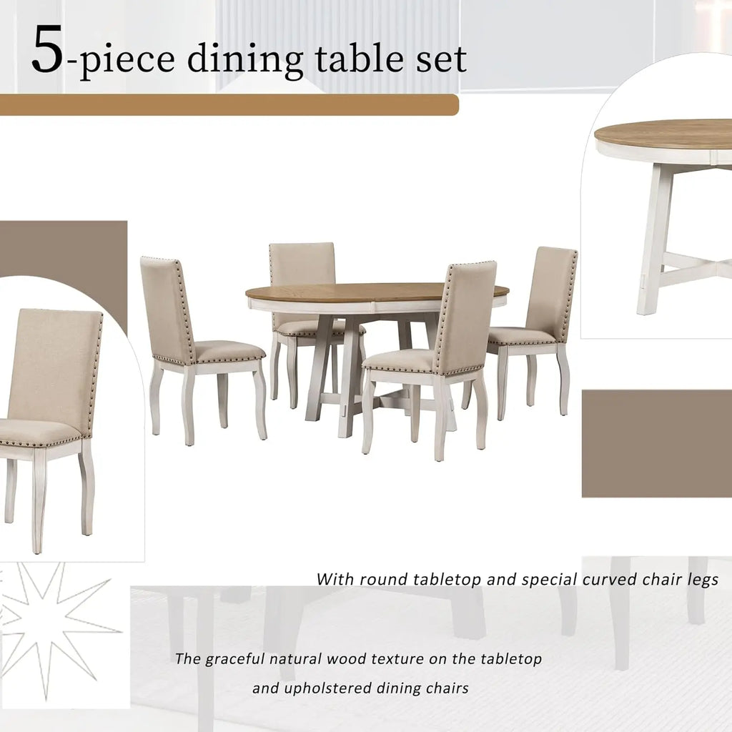 42-58" Farmhouse Set Extendable Wood w/4 Upholstered Chairs