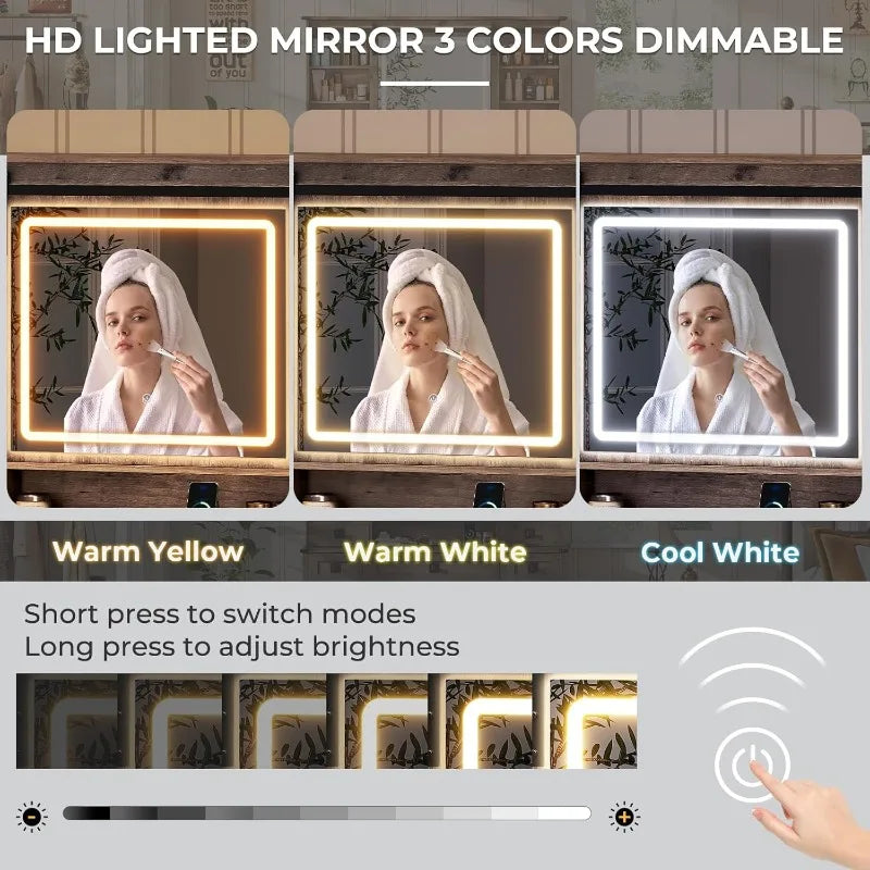 Farmhouse Vanity Desk with Light and mirror